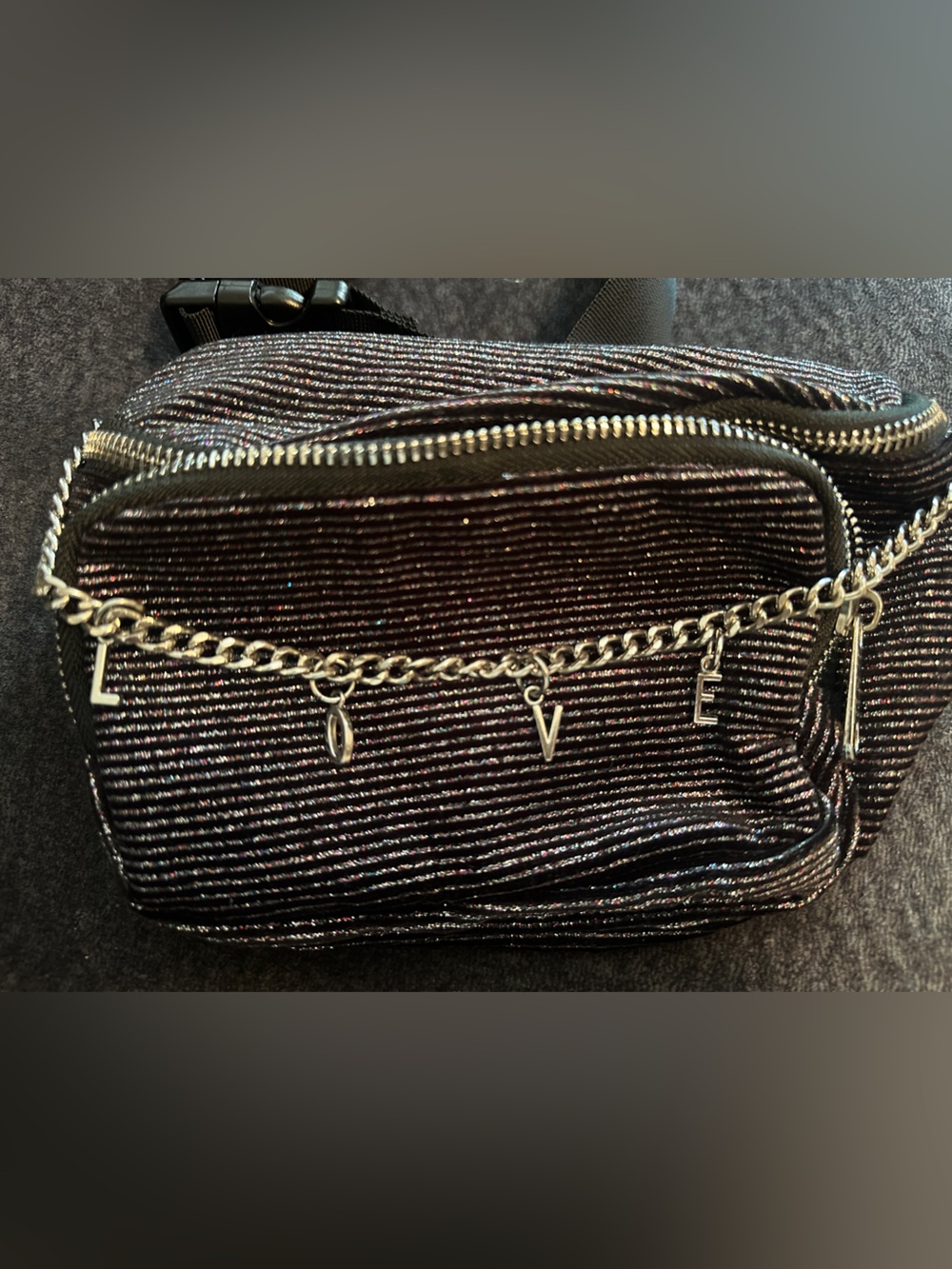 Claire's Black Glitter Crossbody with Letter Charm Chain